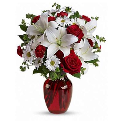 <div class="m-pdp-tabs-description">
<div id="mark-1" class="m-pdp-tabs-marketing-description">

 

<hr />

The spirit of love and romance is beautifully captured in this enchanting bouquet. It's the perfect gift for anyone you love.

</div>
</div>
Red roses and carnations are exquisitely arranged with white asiatic lilies and chrysanthemums in a ruby red glass vase. It's lovely.