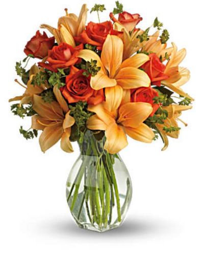 <div id="mark-3" class="m-pdp-tabs-marketing-description">Ignite their heart with this inspirational gift of warm orange roses and lilies. As wondrous as a summer sunset - but quite a bit more fragrant! - it's a versatile choice for men and women alike.</div>
<div id="desc-3">
<ul>
<li>Dark orange roses and asiatic lilies are mixed with fresh green bupleurum and variegated pittosporum.</li>
<li>Presented in a graceful glass reception vase.</li>
</ul>
</div>