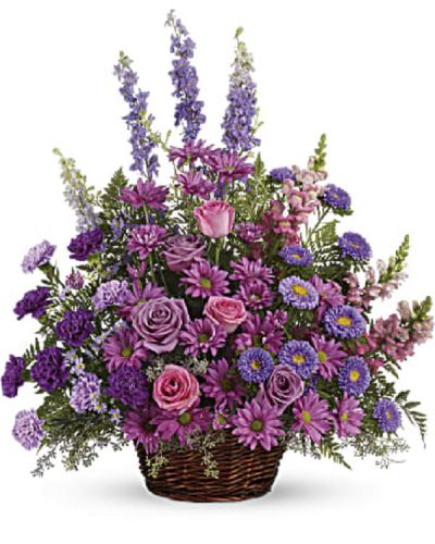 <div class="m-pdp-tabs-description">
<div id="mark-1" class="m-pdp-tabs-marketing-description">Soothing lavender, respectful purple and compassionate pinks are combined beautifully in this basket overflowing with pretty flowers. A lovely way to share your thoughts with someone special.</div>
</div>
<p id="arrngDescp">A profusion of purple, pink and lavender blooms such as roses, carnations, larkspur, matsumoto and monte cassino asters and much more are delivered in a round wicker basket.</p>