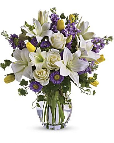 <div id="mark-3" class="m-pdp-tabs-marketing-description">Dance into spring! Send this bouquet of favorite spring flowers to brighten someone's day with the playful beauty of nature. Such a pretty way to say, "I'm thinking of you!"</div>
<div id="desc-3">
<ul>
<li>This white, lavender and yellow bouquet includes white asiatic lilies, cream roses, yellow tulips, lavender stock, lavender matsumoto asters and greens including bupleurum, ivy and seeded eucalyptus.</li>
</ul>
</div>