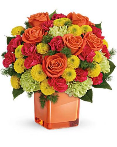 <p>Smile awhile! This spirited mix of happy citrus blooms will brighten the room, and their mood. The cheerful bouquet of roses, carnations and mums is hand-delivered in an exclusive Color Splash cube.<br />
Bold orange roses, green carnations, dark pink miniature carnations, and yellow button spray chrysanthemums are mixed with ming fern and lemon leaf.</p>