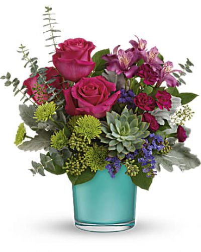 <div id="mark-3" class="m-pdp-tabs-marketing-description">
<div id="mark-3" class="m-pdp-tabs-marketing-description">
<div id="mark-3" class="m-pdp-tabs-marketing-description">
<div id="mark-3" class="m-pdp-tabs-marketing-description">A wonderland of color! This vibrant mix of dark pink roses with pops of green and purple looks especially wondrous in this shimmering blue topaz-colored vase! A glorious gift for any occasion.</div>
&nbsp;
<div id="desc-3">

This wondrous arrangement features dark pink roses, dark pink alstroemeria, miniature purple carnations, green button spray chrysanthemums, blue sinuata statice, dusty miller, spiral eucalyptus, seeded eucalyptus, lemon leaf, and a large green echeveria succulent plant.

</div>
</div>
</div>
</div>