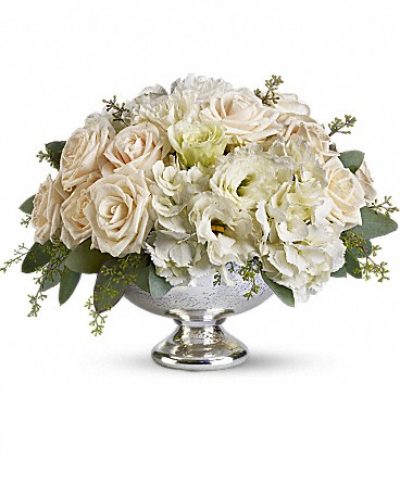 <div class="m-pdp-tabs-description">
<div id="mark-1" class="m-pdp-tabs-marketing-description">Treat your guests to elegance with this dazzling arrangement of crème roses, white hydrangea and white lisianthus presented in a brilliant vase. It's a lovely choice for any special occasion, from weddings to anniversaries.</div>
</div>
<p id="arrngDescp">This arrangement presents a soft mix of crème roses, white hydrangea and white lisianthus accented with seeded eucalyptus.</p>